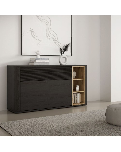 Madia Origin Core 2 ante 2 cassetti con vani a giorno 160 cm nero e dettaglio rovere