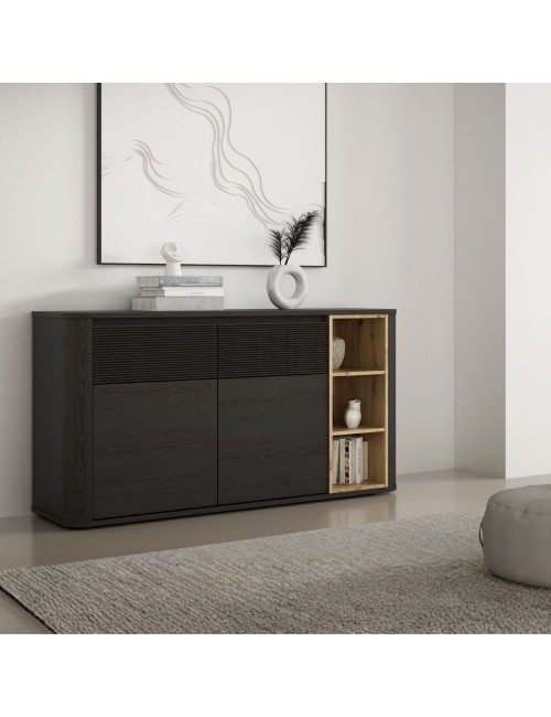 Madia Origin Core 2 ante 2 cassetti con vani a giorno 160 cm nero e dettaglio rovere