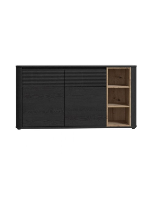 Madia Origin Core 2 ante 2 cassetti con vani a giorno 160 cm nero e dettaglio rovere