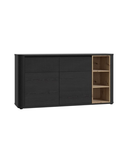 Madia Origin Core 2 ante 2 cassetti con vani a giorno 160 cm nero e dettaglio rovere