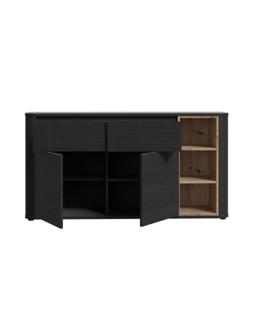 Madia Origin Core 2 ante 2 cassetti con vani a giorno 160 cm nero e dettaglio rovere
