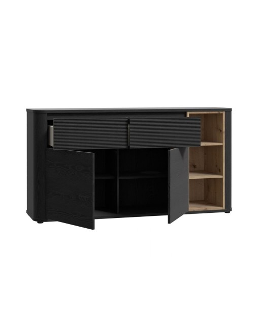 Madia Origin Core 2 ante 2 cassetti con vani a giorno 160 cm nero e dettaglio rovere