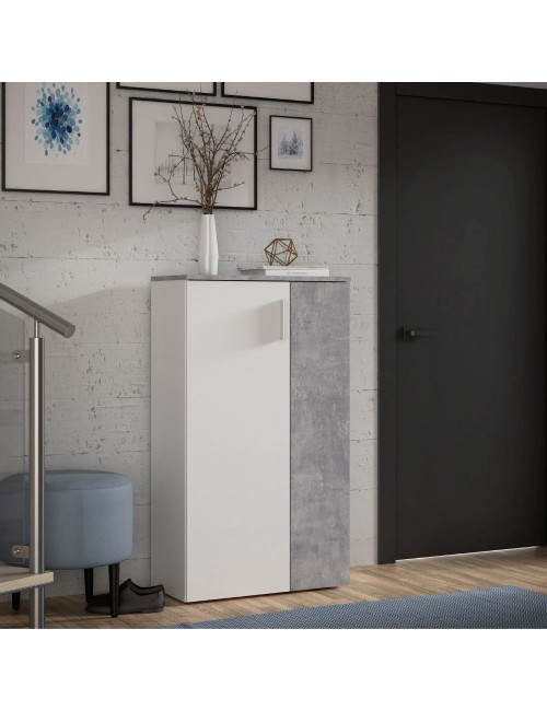 Mobile multiuso scarpiera 2 ante con 5 ripiani colore bianco e cemento Lucio 69x34x120H