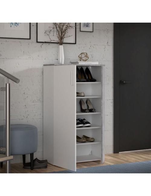 Mobile multiuso scarpiera 2 ante con 5 ripiani colore bianco e cemento Lucio 69x34x120H