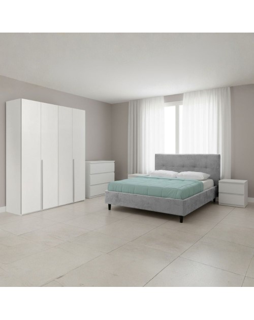 Camera da letto Georgie con armadio 4 ante bianco opaco e letto matrimoniale Snello grigio chiaro