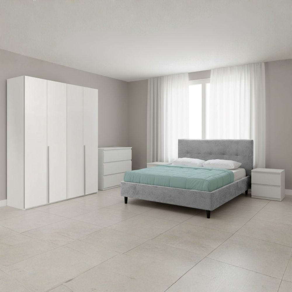 Camera da letto Georgie con armadio 4 ante bianco opaco e letto matrimoniale Snello grigio chiaro