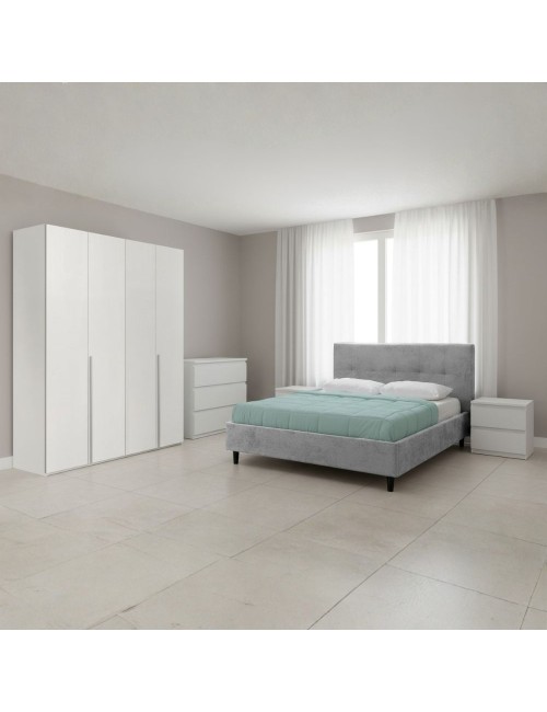 Camera da letto Georgie con armadio 4 ante bianco opaco e letto matrimoniale Snello grigio chiaro
