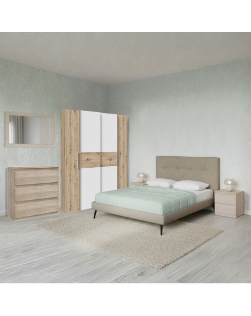 Camera da letto Milk con armadio 2 ante scorrevoli e 2 battenti rovere bianco e letto Stiletto tortora