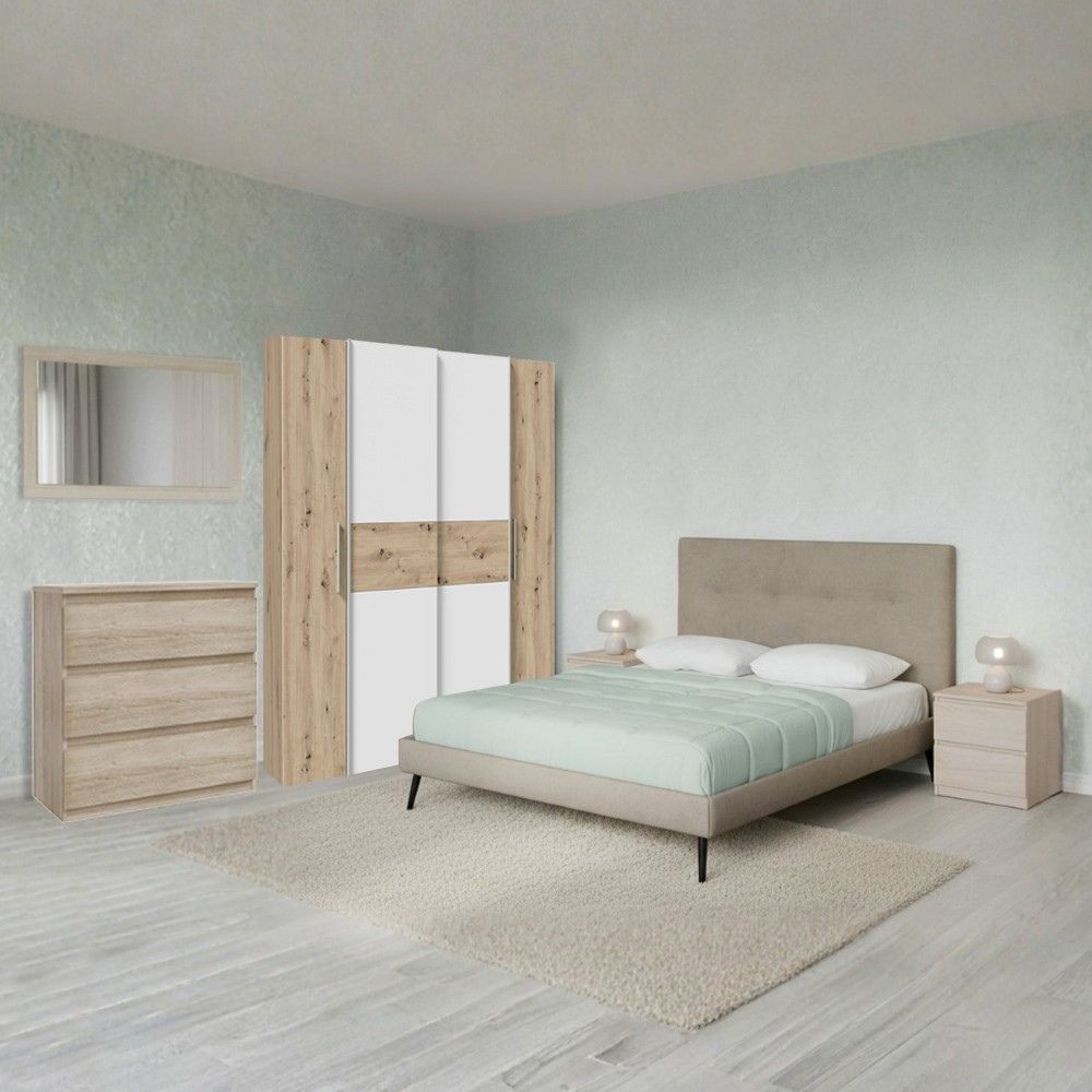 Camera da letto Milk con armadio 2 ante scorrevoli e 2 battenti rovere bianco e letto Stiletto tortora