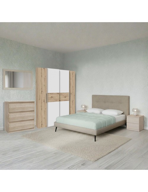 Camera da letto Milk con armadio 2 ante scorrevoli e 2 battenti rovere bianco e letto Stiletto tortora