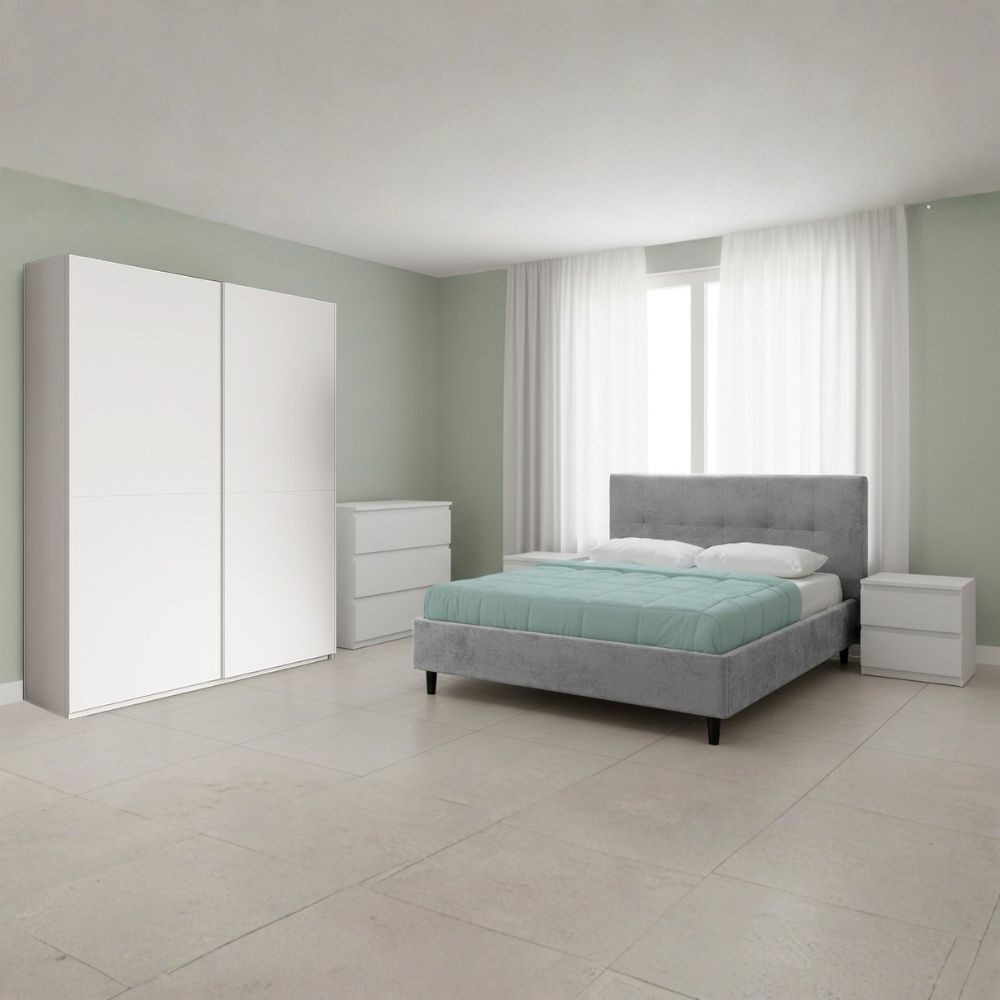 Camera da letto Rango con Armadio Scorrevole Bianco Opaco e Letto Matrimoniale Snello Grigio Chiaro