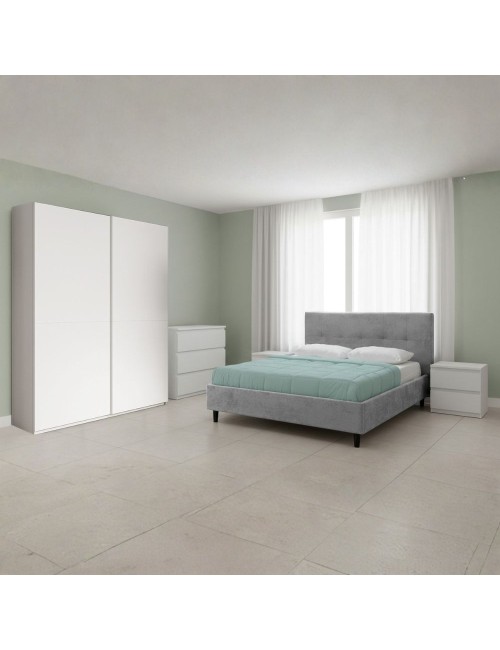 Camera da letto Rango con Armadio Scorrevole Bianco Opaco e Letto Matrimoniale Snello Grigio Chiaro