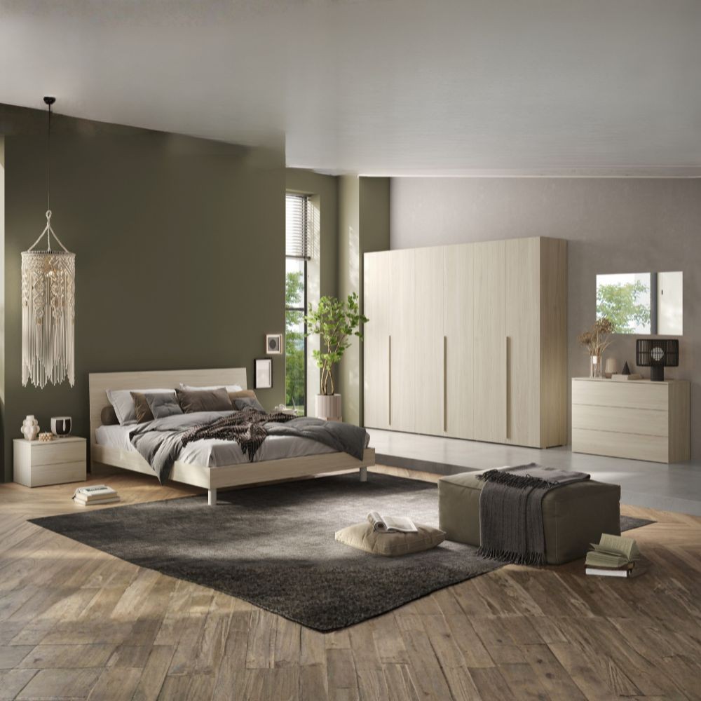 Camera da letto Corinna con armadio 6 ante battenti e letto matrimoniale in legno colore olmo