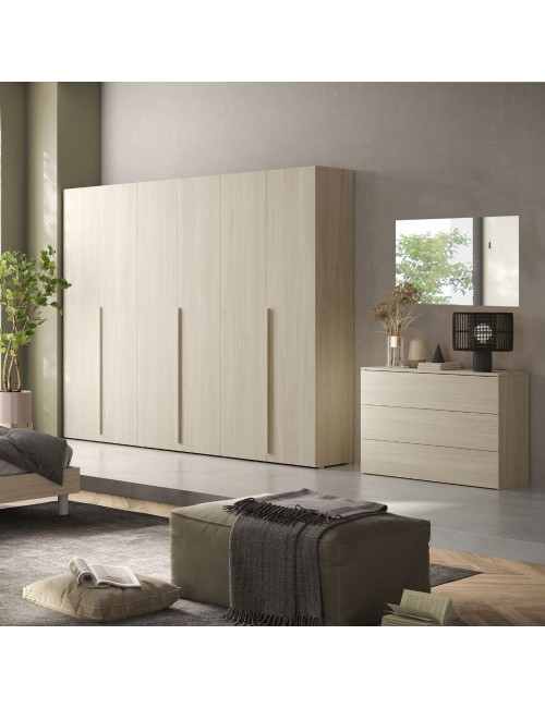 Camera da letto Corinna con armadio 6 ante battenti e letto matrimoniale in legno colore olmo