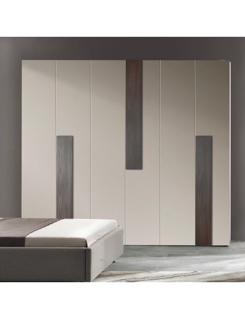 Camera da letto completa Kendra con armadio 6 ante battenti e letto contenitore imbottito tortora noce