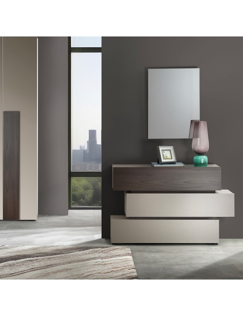 Camera da letto completa Kendra con armadio 6 ante battenti e letto contenitore imbottito tortora noce