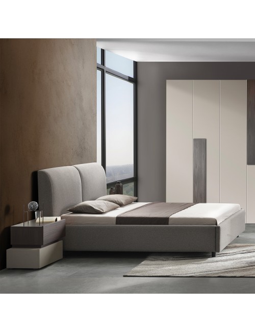 Camera da letto completa Kendra con armadio 6 ante battenti e letto contenitore imbottito tortora noce