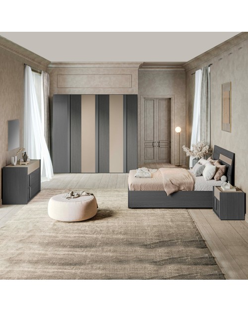 Camera da letto Faba armadio 6 ante battenti grigio e talco e letto contenitore in legno