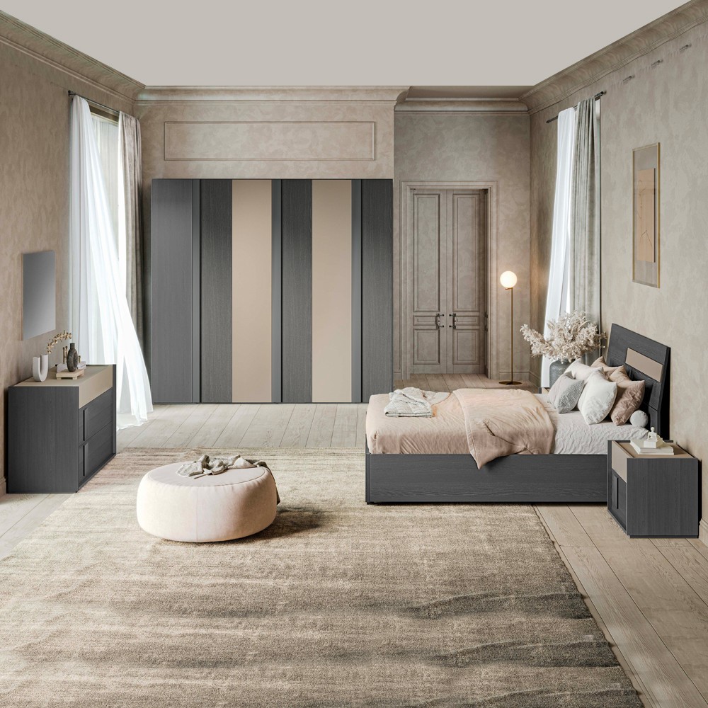Camera da letto Faba armadio 6 ante battenti grigio e talco e letto contenitore in legno