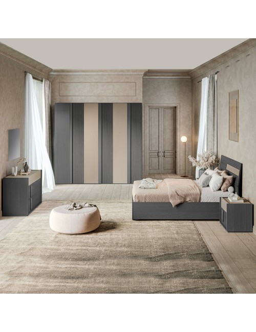 Camera da letto Faba armadio 6 ante battenti grigio e talco e letto contenitore in legno