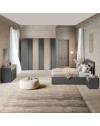 Camera da letto Faba armadio 6 ante battenti grigio e talco e letto contenitore in legno