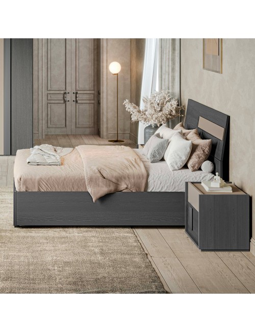 Camera da letto Faba armadio 6 ante battenti grigio e talco e letto contenitore in legno