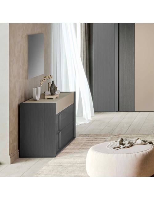 Camera da letto Faba armadio 6 ante battenti grigio e talco e letto contenitore in legno