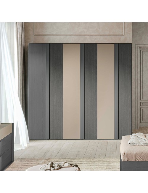Camera da letto Faba armadio 6 ante battenti grigio e talco e letto contenitore in legno