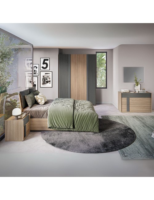 Camera da letto Faba armadio 4 ante noce e grigio e letto contenitore in legno noce