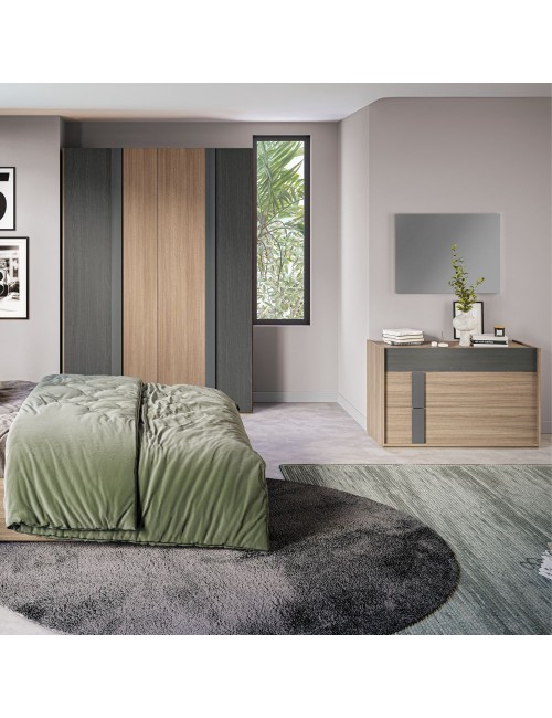 Camera da letto Faba armadio 4 ante noce e grigio e letto contenitore in legno noce