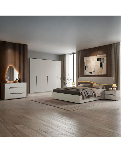 Camera da letto con letto contenitore Soleil colore cashmere e olmo biscotto
