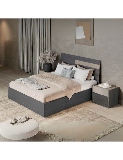 Camera da letto Tania grigio e talco armadio scorrevole con specchi e letto contenitore in legno