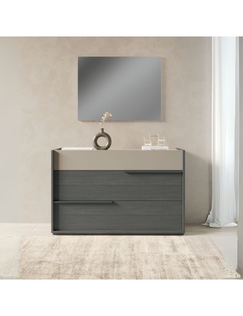 Camera da letto Tania grigio e talco armadio scorrevole con specchi e letto contenitore in legno
