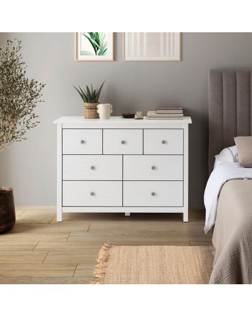 Cassettiera Berna con 4 cassettoni e 3 cassetti in legno massiccio bianco 110x40x80H