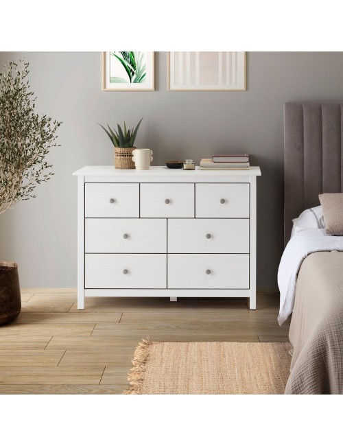 Cassettiera Berna con 4 cassettoni e 3 cassetti in legno massiccio bianco 110x40x80H