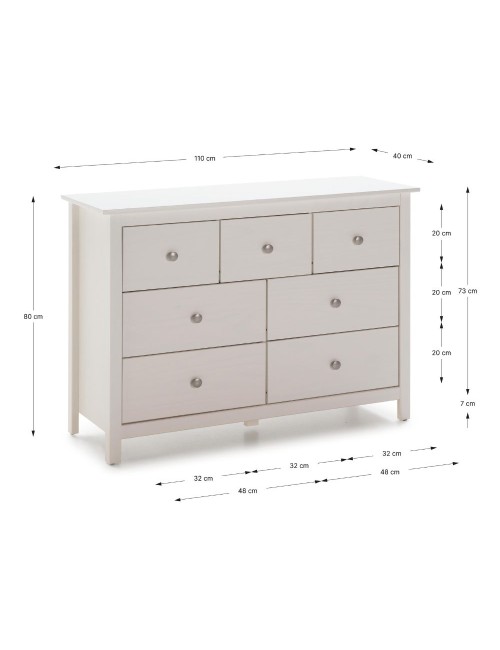 Cassettiera Berna con 4 cassettoni e 3 cassetti in legno massiccio bianco 110x40x80H