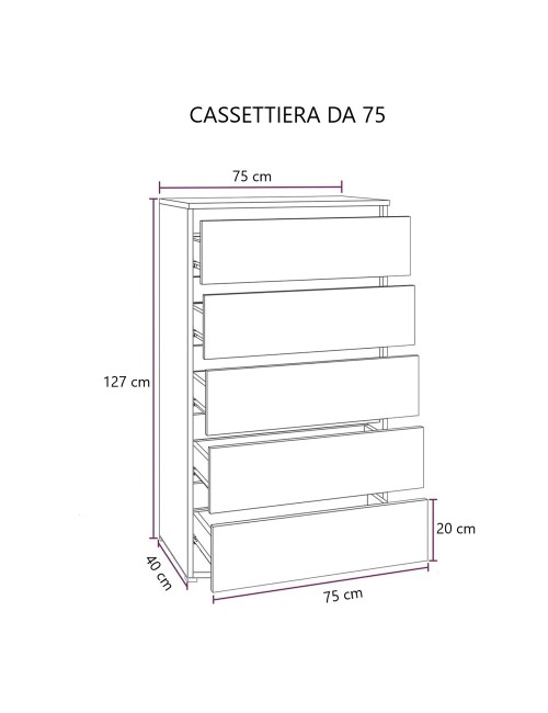 Cassettiera 5 cassetti 75x40x127 MONTATA colore noce naturale