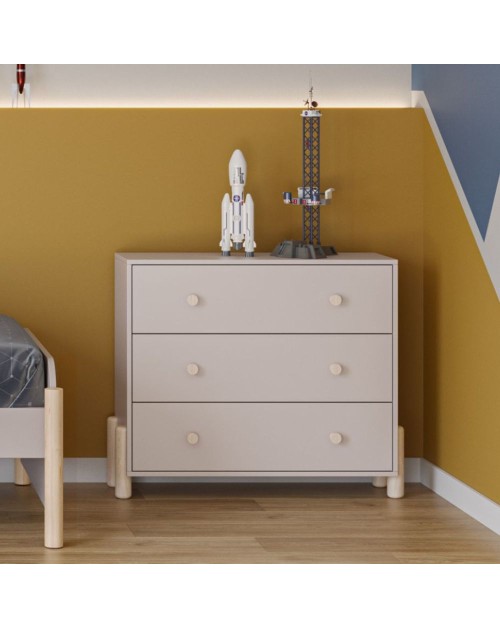 Cassettiera Enola in legno massiccio con 3 cassetti beige e gambe in pino naturale 90x40x80H