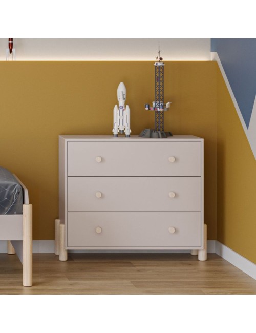 Cassettiera Enola in legno massiccio con 3 cassetti beige e gambe in pino naturale 90x40x80H