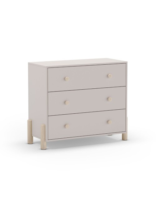Cassettiera Enola in legno massiccio con 3 cassetti beige e gambe in pino naturale 90x40x80H