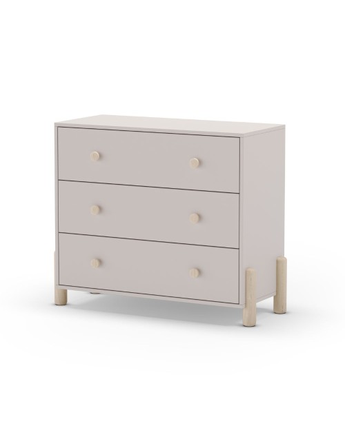 Cassettiera Enola in legno massiccio con 3 cassetti beige e gambe in pino naturale 90x40x80H