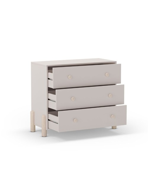 Cassettiera Enola in legno massiccio con 3 cassetti beige e gambe in pino naturale 90x40x80H