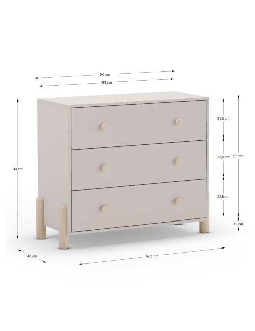 Cassettiera Enola in legno massiccio con 3 cassetti beige e gambe in pino naturale 90x40x80H