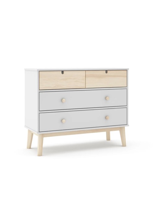 Cassettiera 4 cassetti bianco e pino Estefania 100x40x81H – Legno massiccio per ambienti accoglienti