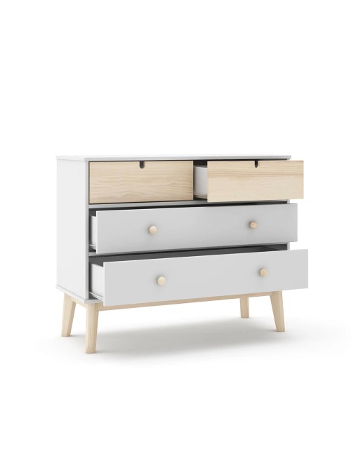 Cassettiera 4 cassetti bianco e pino Estefania 100x40x81H – Legno massiccio per ambienti accoglienti