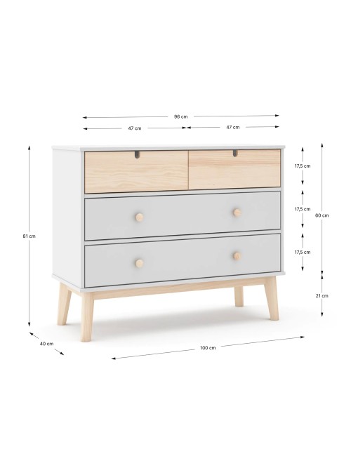 Cassettiera 4 cassetti bianco e pino Estefania 100x40x81H – Legno massiccio per ambienti accoglienti