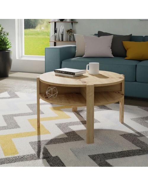 Tavolino da salotto Aura rotondo 74 cm con ripiano inferiore colore rovere
