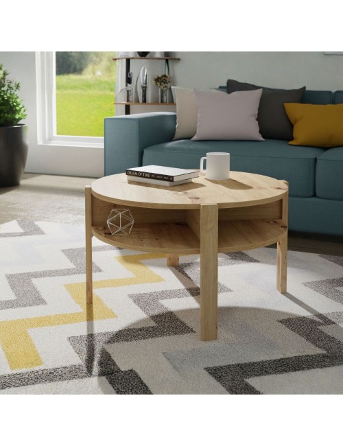 Tavolino da salotto Aura rotondo 74 cm con ripiano inferiore colore rovere