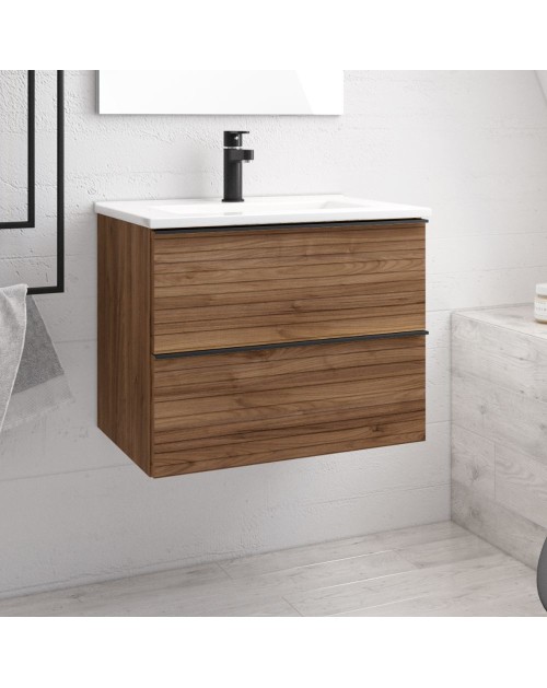 Mobile bagno sospeso noce effetto cannettato Senda con 2 cassettoni 80x45.5x48H