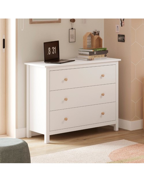 Comò Max 3 cassetti in legno massiccio bianco 100x40x80H